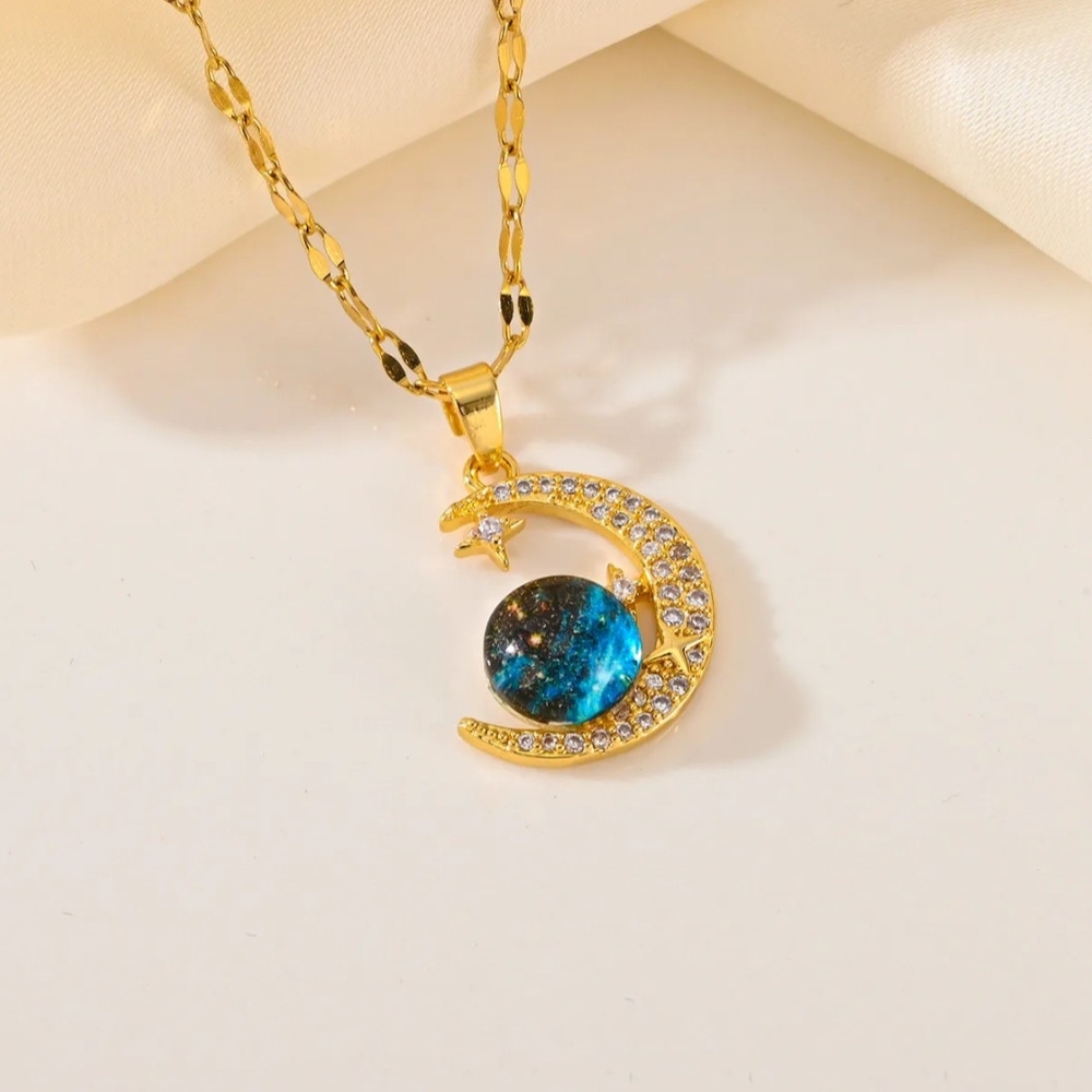 Gold and Blue Crescent Moon Pendant Necklace